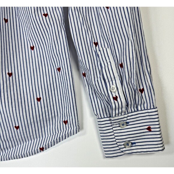 Talbots Womens XS Striped Button Down Shirt Red Heart Print Long Sleeve Cotton - Picture 7 of 12